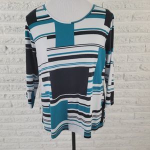 Alfred Dunner Teal, Black & White Striped Geometric Women’s Top